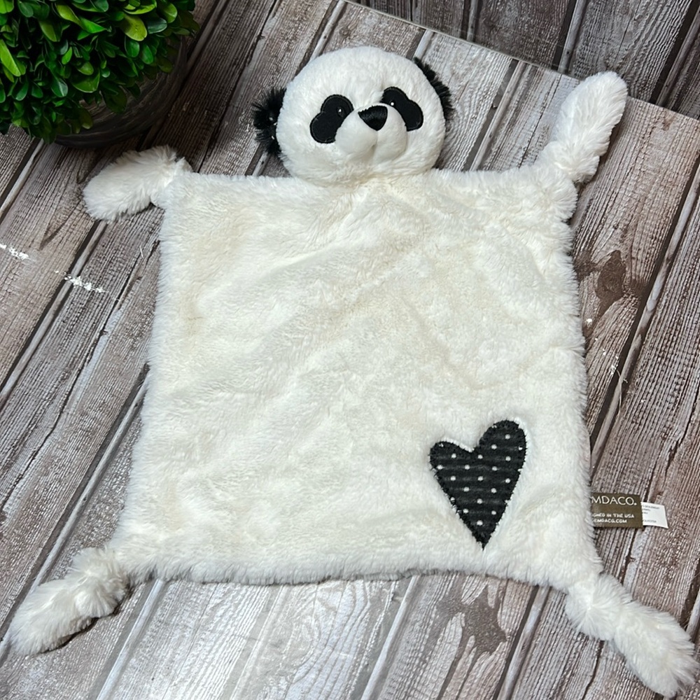 Demdaco Panda Bear Plush Security lovey Blanket Black White with heart  HTF
